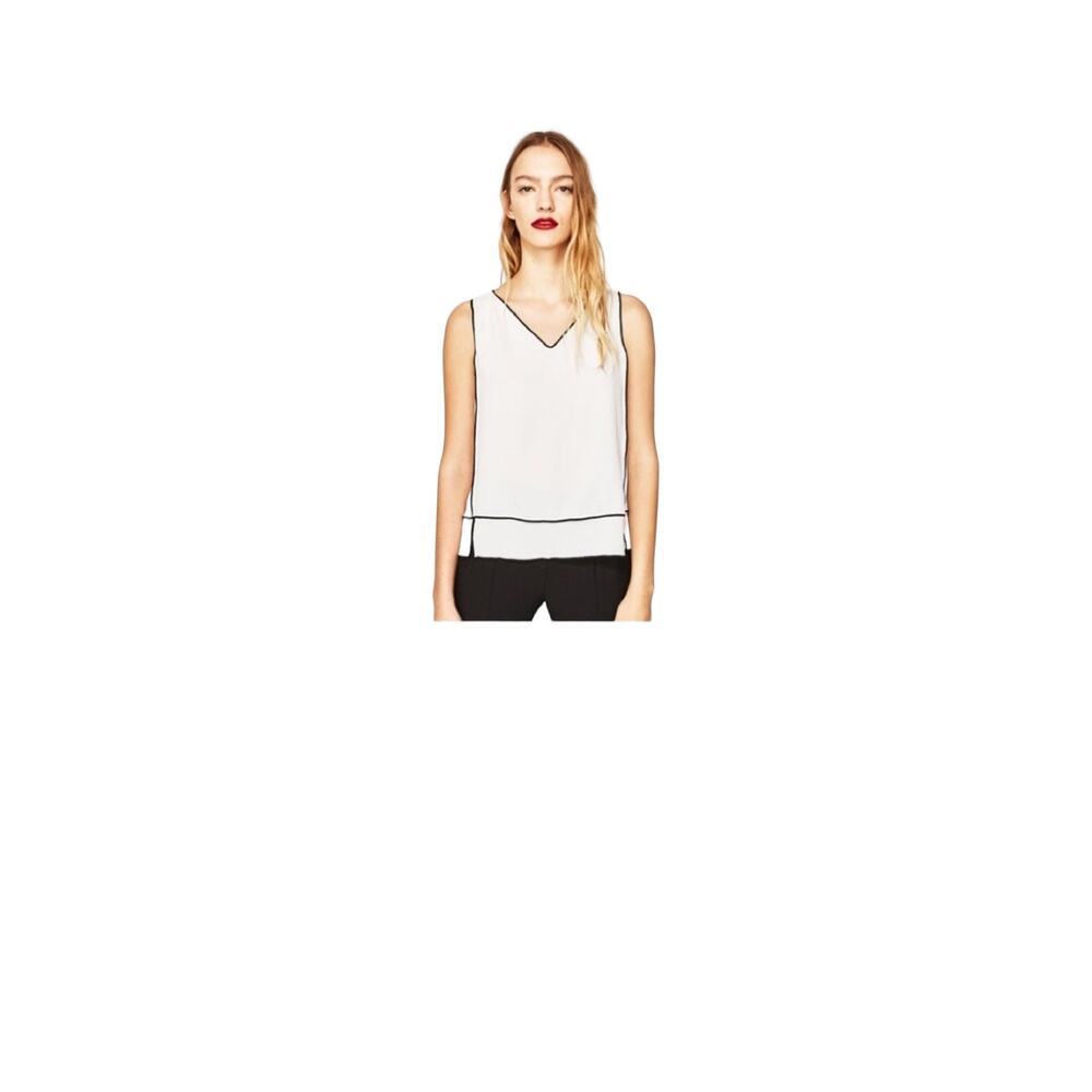 Zara White VNeck Sleeveless Top with Black Piping‎ Detail - SZ M-NWT